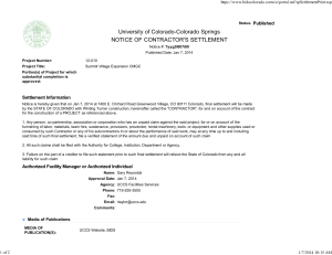 University of Colorado-Colorado Springs NOTICE OF CONTRACTOR'S SETTLEMENT Published