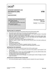 4766 MATHEMATICS (MEI) ADVANCED SUBSIDIARY GCE Thursday 26 May 2011