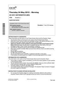 Thursday 24 May 2012 – Morning AS GCE  MATHEMATICS (MEI) 4766 Duration: