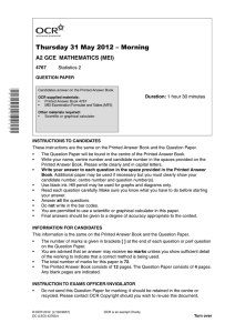 Thursday 31 May 2012 – Morning A2 GCE  MATHEMATICS (MEI) 4767 Duration: