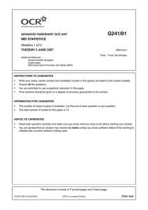 G241/01 MEI STATISTICS Statistics 1 (Z1) TUESDAY 5 JUNE 2007