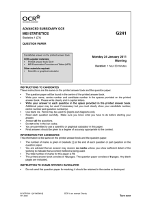 G241 MEI STATISTICS ADVANCED SUBSIDIARY GCE Monday 24 January 2011