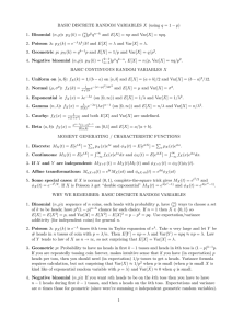 BASIC DISCRETE RANDOM VARIABLES X (using q = 1 −... p 1. Binomial (n, p): p (k) =