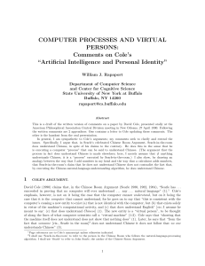COMPUTER PROCESSES AND VIRTUAL PERSONS: Comments on Cole’s “Artificial Intelligence and Personal Identity”
