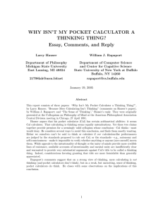 WHY ISN’T MY POCKET CALCULATOR A THINKING THING? Essay, Comments, and Reply