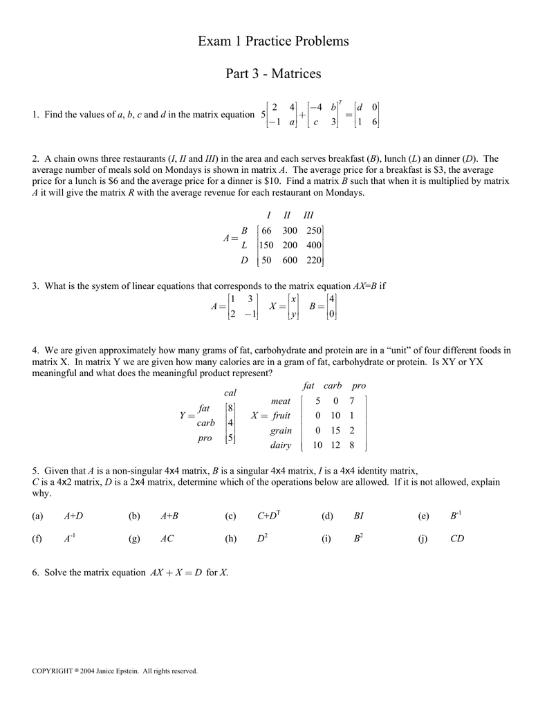 Exam 1 Practice Problems Part 3 Matrices