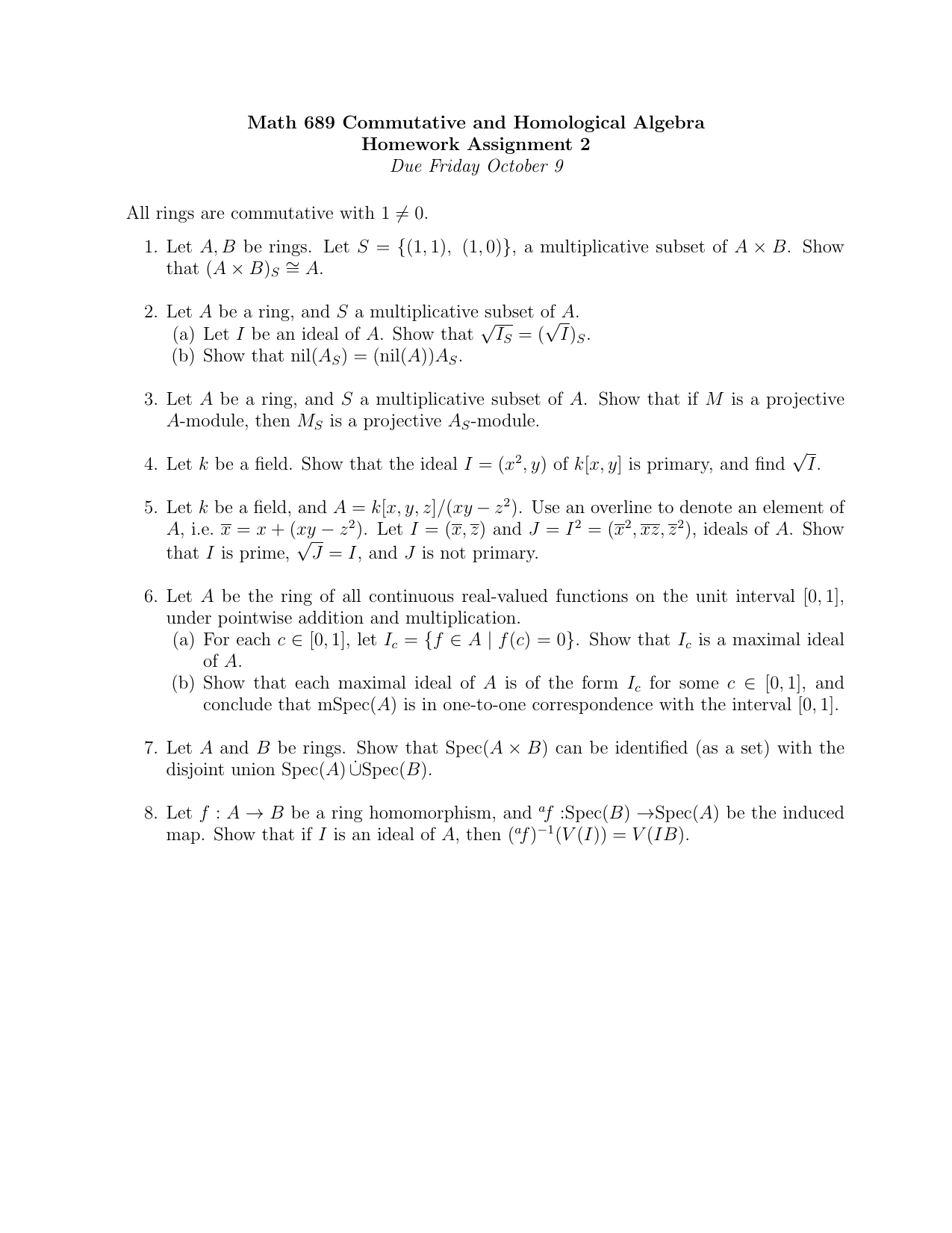 Math 6 Commutative And Homological Algebra Homework Assignment 2