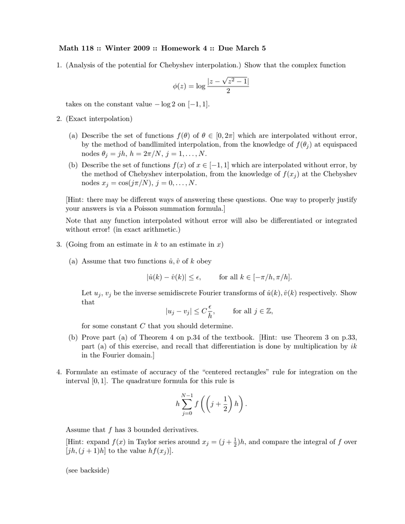 Math 118 Winter 09 Homework 4 Due 1 Analysis Of The Potential For Chebyshev Interpolation Show That