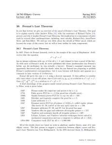 26 Fermat’s Last Theorem 18.783 Elliptic Curves Spring 2015