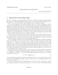 Linear Error-Correcting Codes 1 Linear Error Correcting Codes