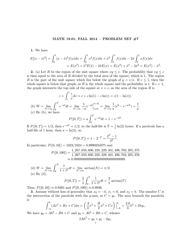 Math 18 01 Fall 14 Problem Set 7 1 We Have Z