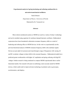 Experimental analysis of spring hardening and softening nonlinearities in microelectromechanical oscillators.