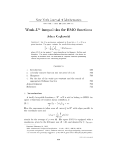 New York Journal of Mathematics Weak-L inequalities for BMO functions Adam Os¸