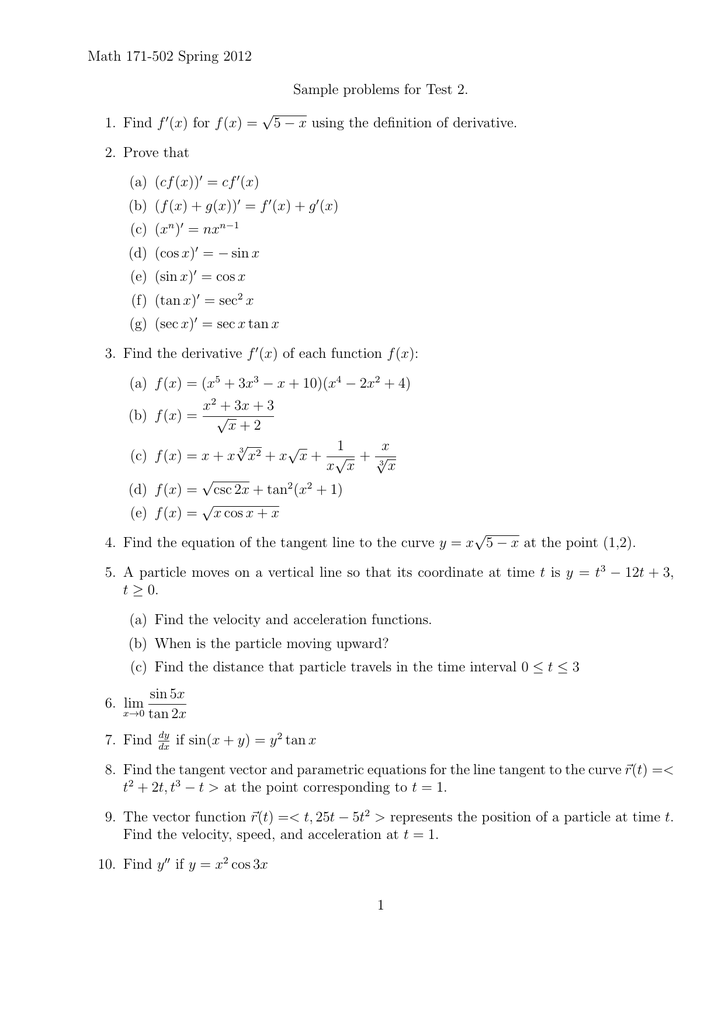 Math 171 502 Spring 12 Sample Problems For Test 2 F X