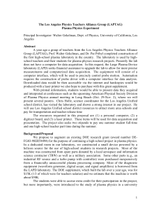 The Los Angeles Physics Teachers Alliance Group (LAPTAG) Plasma Physics Experiment Abstract