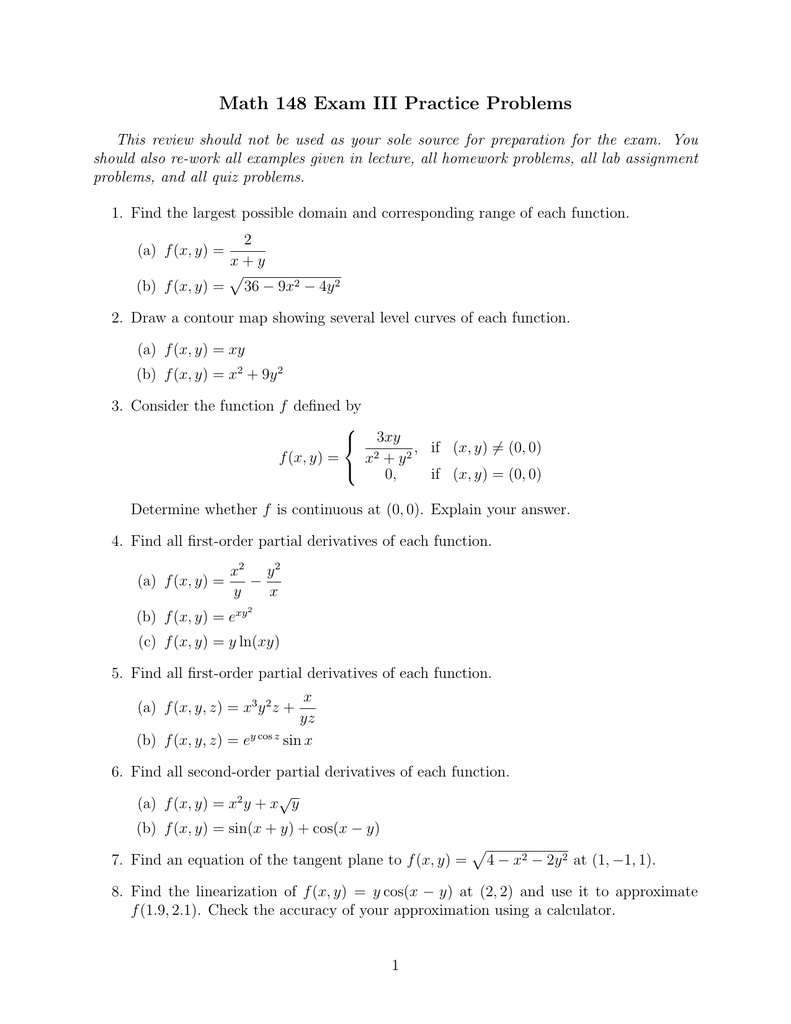 Math 148 Exam Iii Practice Problems