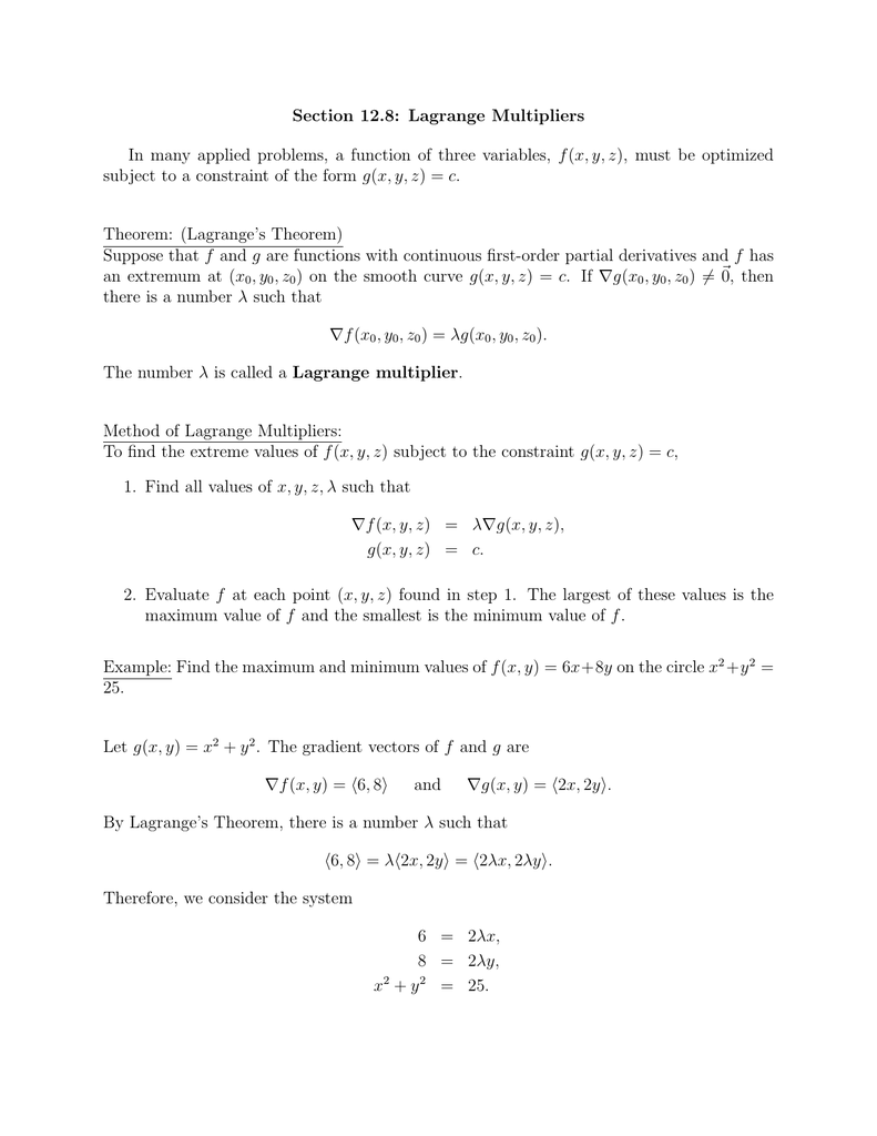 Section 12 8 Lagrange Multipliers