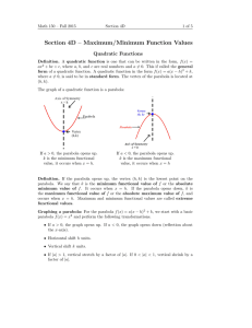 Section 4D – Maximum/Minimum Function Values Quadratic Functions