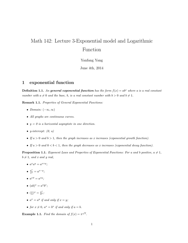 Math 142 Lecture 3 Exponential Model And Logarithmic Function 1 Exponential Function