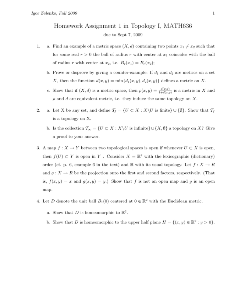 Homework Assignment 1 In Topology I Math636