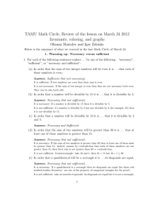 TAMU Math Circle, Review of the lesson on March 24... Invariants, coloring, and graphs Oksana Shatalov and Igor Zelenko