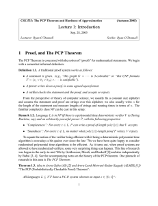 Lecture 1: Introduction 1 Proof, and The PCP Theorem