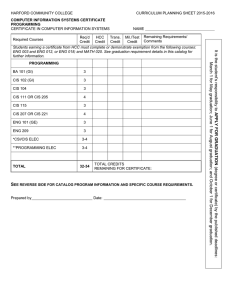 HARFORD COMMUNITY COLLEGE CURRICULUM PLANNING SHEET 2015-2016 CERTIFICATE IN COMPUTER INFORMATION SYSTEMS