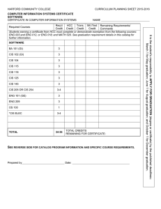 HARFORD COMMUNITY COLLEGE CURRICULUM PLANNING SHEET 2015-2016 CERTIFICATE IN COMPUTER INFORMATION SYSTEMS