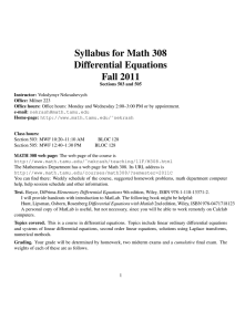 Syllabus for Math 308 Differential Equations Fall 2011