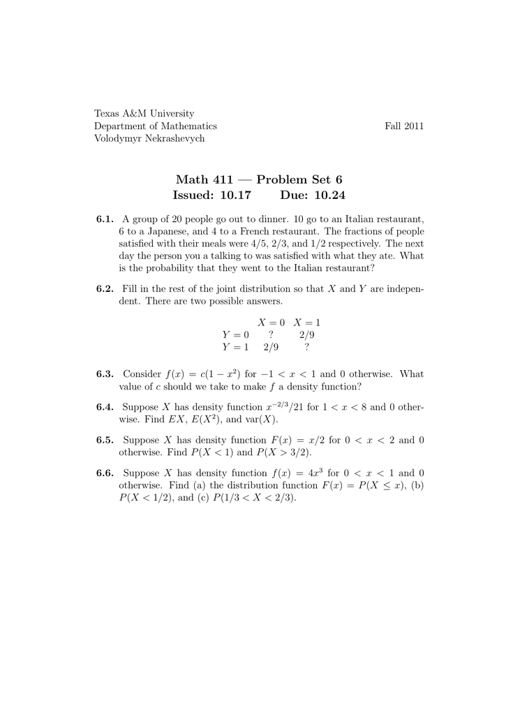 Math 411 Problem Set 6 Issued 10 17 Due 10 24