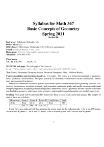Syllabus for Math 367 Basic Concepts of Geometry Spring 2011
