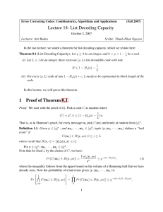 Lecture 14: List Decoding Capacity