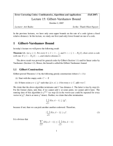 Lecture 15: Gilbert-Varshamov Bound