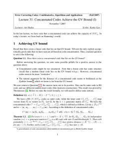 Lecture 31: Concatenated Codes Achieve the GV Bound (I)