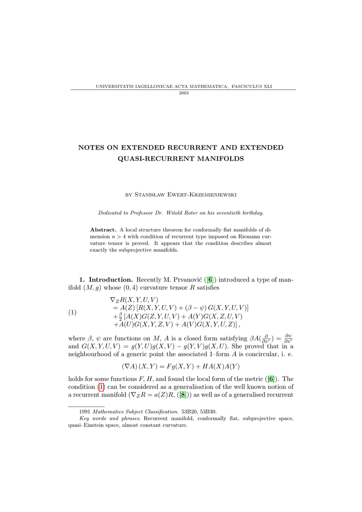 Notes On Extended Recurrent And Extended Quasi Recurrent Manifolds By Stanis Law Ewert Krzemieniewski