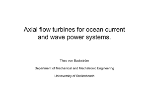 Axial flow turbines for ocean current and wave power systems.