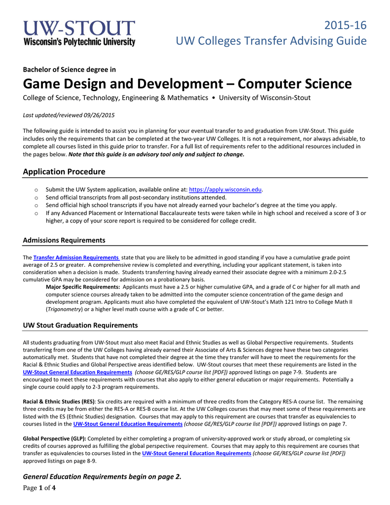 Game Design and Development – Computer Science 2015‐16 UW Colleges Transfer Advising Guide