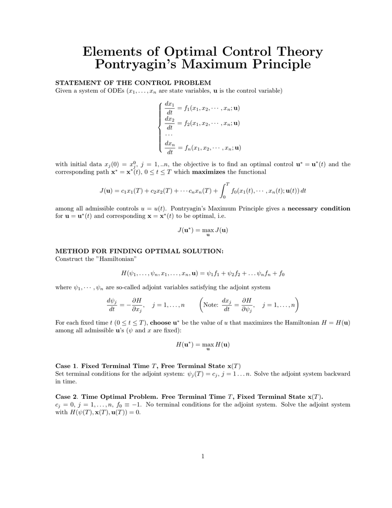 Elements Of Optimal Control Theory Pontryagin S Maximum Principle