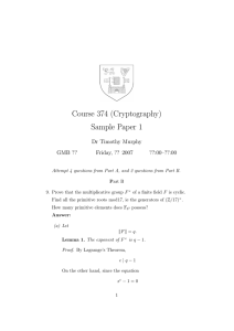 Course 374 (Cryptography) Sample Paper 1 Dr Timothy Murphy GMB ??