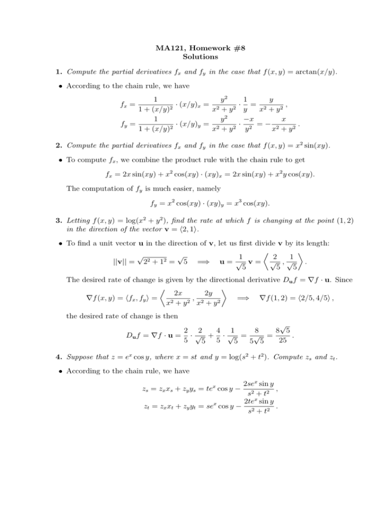Ma121 Homework 8 Solutions Compute The Partial Derivatives F 1