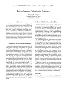 Position Summary: Authentication Confidences Gregory R. Ganger  Carnegie Mellon University