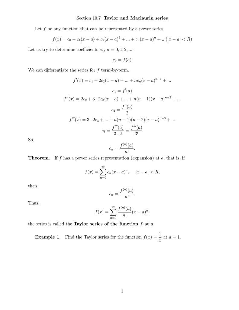 Section 10 7 Taylor And Maclaurin Series