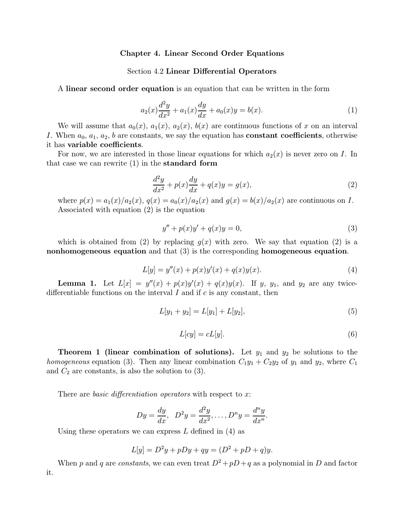 Chapter 4 Linear Second Order Equations Section 4 2 Linear Differential Operators