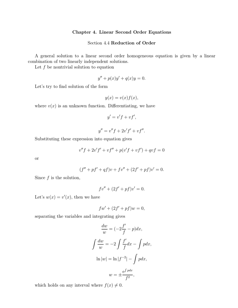 Chapter 4 Linear Second Order Equations Section 4 4 Reduction Of Order