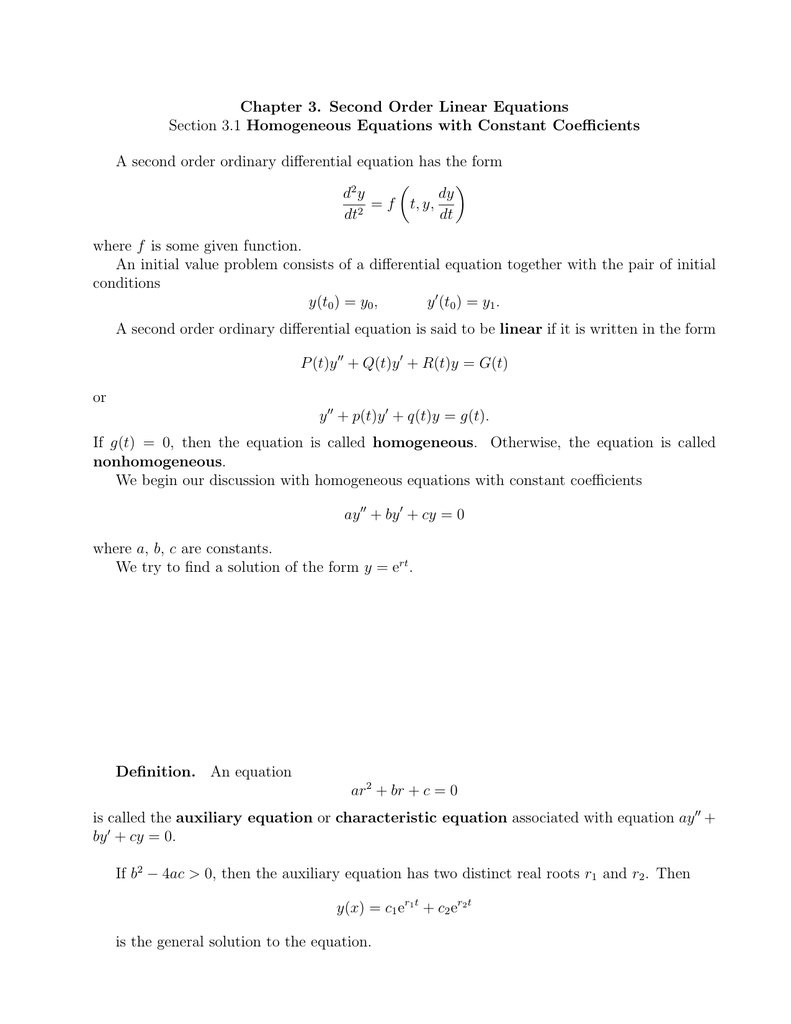 Chapter 3 Second Order Linear Equations Homogeneous Equations With Constant Coeﬃcients
