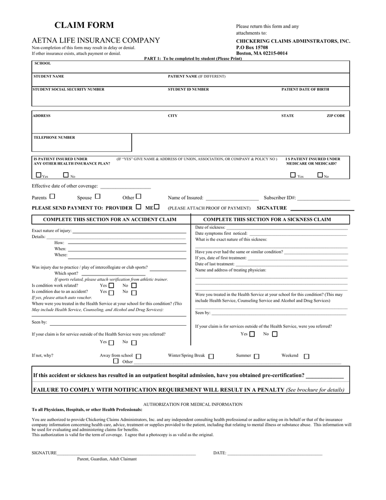 Claim Form Aetna Life Insurance Company 9537