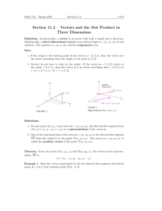 Section 11.2 – Vectors and the Dot Product in Three Dimensions