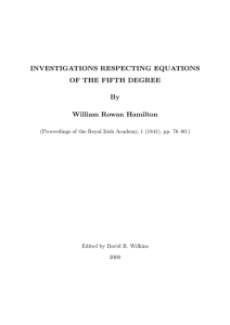 INVESTIGATIONS RESPECTING EQUATIONS OF THE FIFTH DEGREE By William Rowan Hamilton