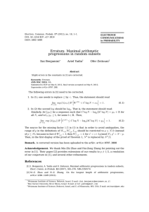 Erratum: Maximal arithmetic progressions in random subsets Itai Benjamini Ariel Yadin