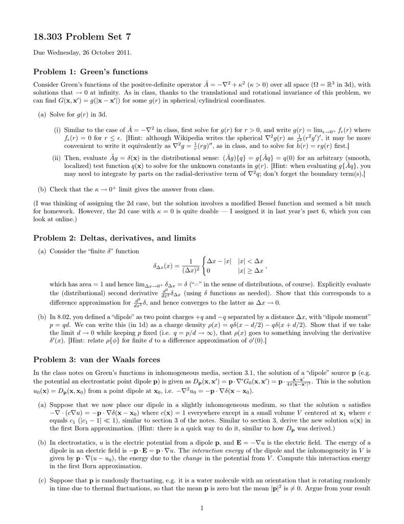 18 303 Problem Set 7 Problem 1 Green S Functions